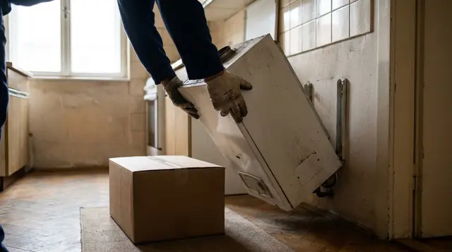 Kesztyűs kezek leemelik a falról a régi fali gázkazánt, a padlón egy doboz